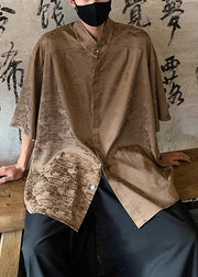 Chinese Style Coffee Jacquard Ice Silk Mens Shirts Summer