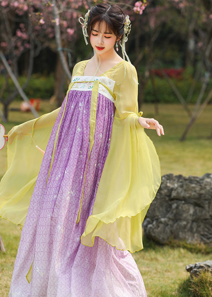 Chinese Style Colorblock Embroideried Lace Up Patchwork Chiffon Long Dresses Summer