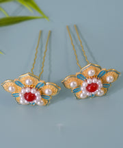 Chinese Style Colorblock Sterling Silver Overgild Pearl Enamel Floral Hairpin