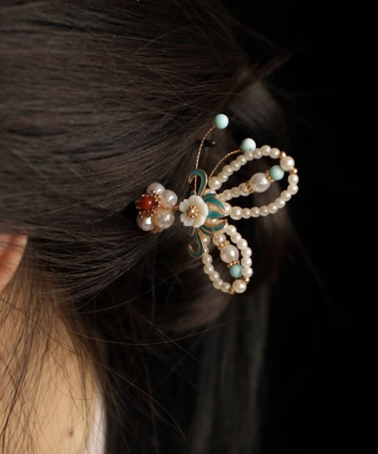 Chinese Style Colorblock Sterling Silver Overgild Pearl Enamel Hollow Out Hairpin