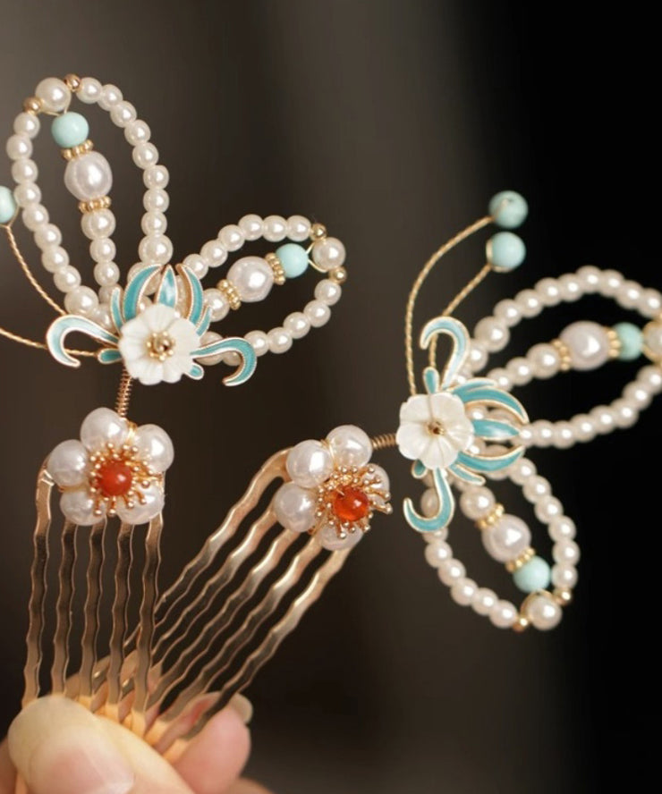 Chinese Style Colorblock Sterling Silver Overgild Pearl Enamel Hollow Out Hairpin