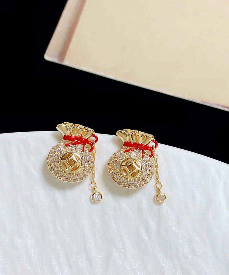 Chinese Style Copper 14K Gold Zircon Blessing Bag Tassel Stud Earrings