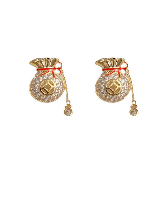 Chinese Style Copper 14K Gold Zircon Blessing Bag Tassel Stud Earrings