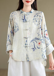 Chinese Style Cyan Stand Collar Print Shirts Long Sleeve