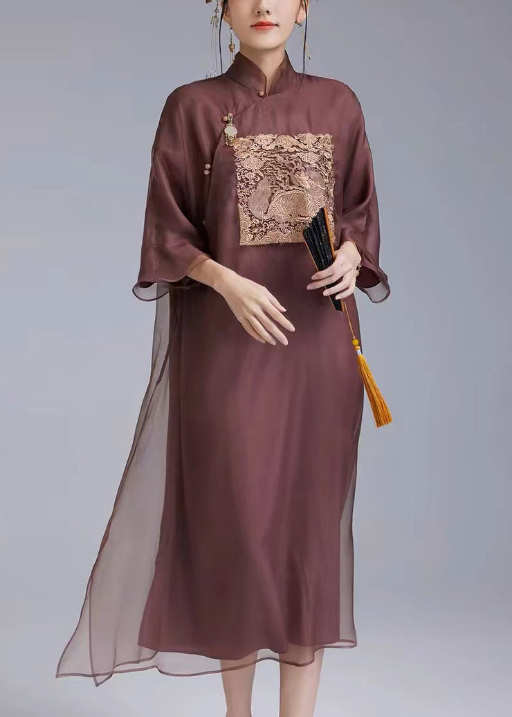 Chinese Style Dark Purple Embroidered Button Silk Dresses Spring