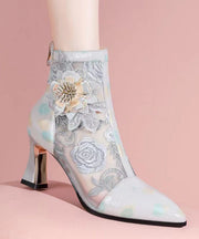 Chinese Style Embroidered Mesh Patchwork Chunky Heel Boots