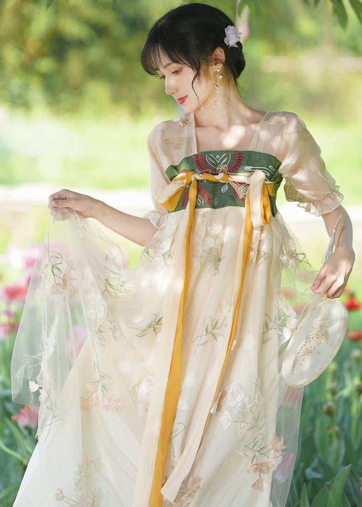 Chinese Style Embroideried Lace Up Patchwork Chiffon Long Dresses Summer