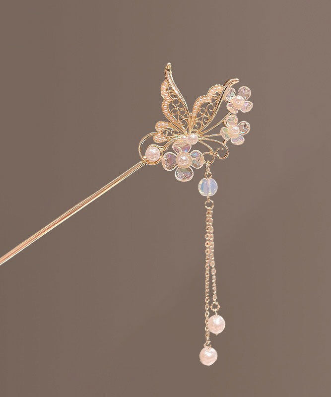 Chinese Style Gold Alloy Pearl Crystal Butterfly Tassel Hairpin