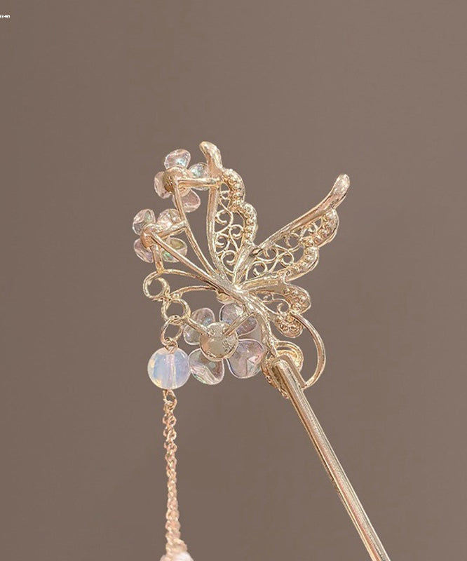 Chinese Style Gold Alloy Pearl Crystal Butterfly Tassel Hairpin