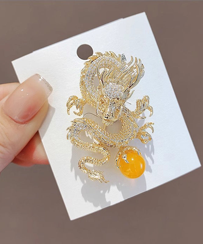 Chinese Style Gold Sterling Silver Alloy Zircon Golden Dragon Playing With Pearl Brooches