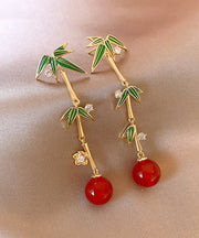 Chinese Style Gold Sterling Silver Overgild Agate Bamboo Joint Tassel Drop Earrings