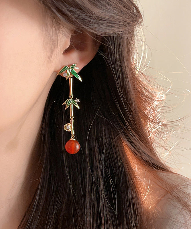 Chinese Style Gold Sterling Silver Overgild Agate Bamboo Joint Tassel Drop Earrings