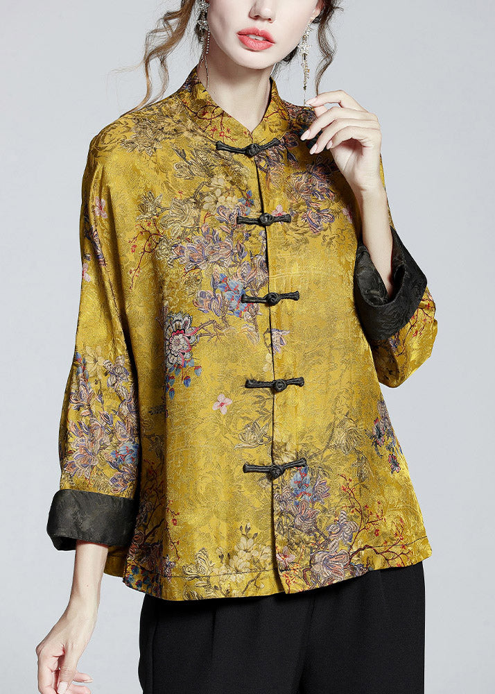 Chinese Style Print8 Stand Collar Button Print Silk Coats Long Sleeve