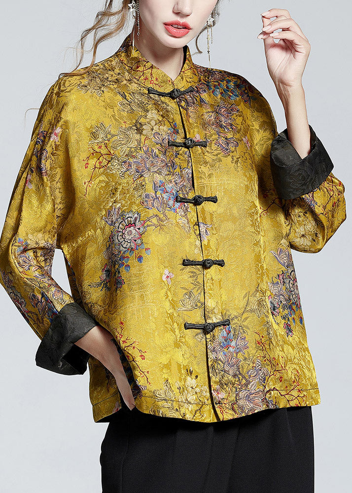 Chinese Style Print4 Stand Collar Button Print Silk Coats Long Sleeve