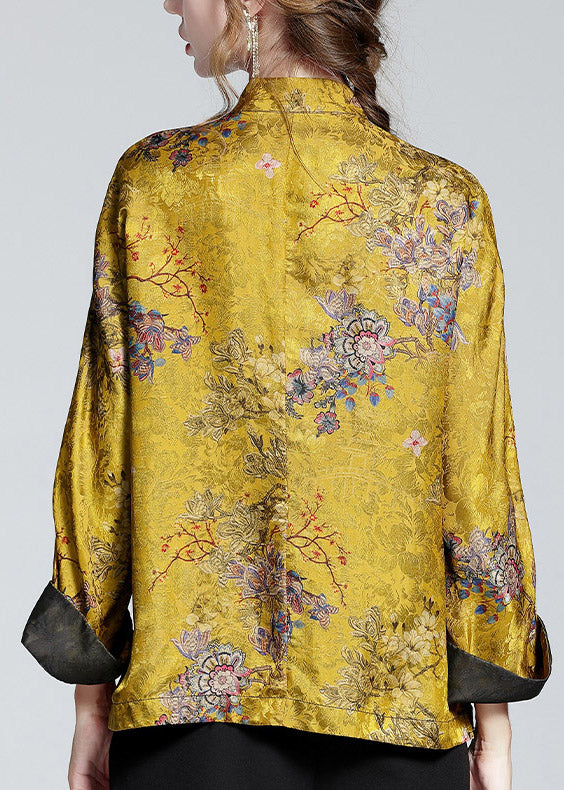 Chinese Style Text Stand Collar Button Print Silk Coats Long Sleeve