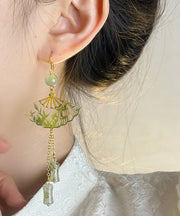 Chinese Style Green Acrylic Alloy Jade Bamboo Fan Tassel Drop Earrings