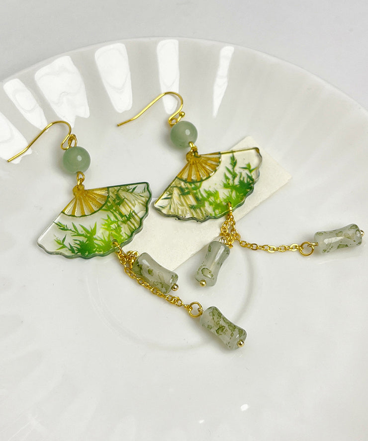 Chinese Style Green Acrylic Alloy Jade Bamboo Fan Tassel Drop Earrings