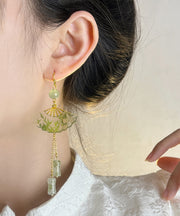 Chinese Style Green Acrylic Alloy Jade Bamboo Fan Tassel Drop Earrings