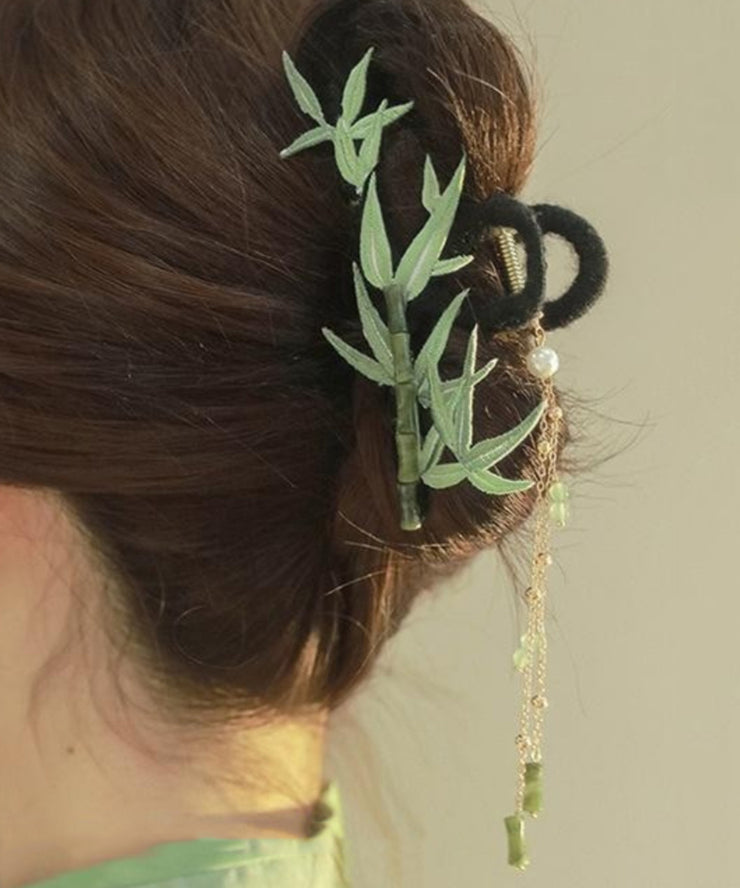 Chinese Style Green Alloy Jade Pearl Bamboo Leaf Tassel Hairpin