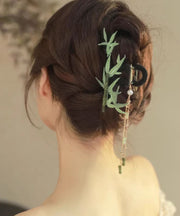 Chinese Style Green Alloy Jade Pearl Bamboo Leaf Tassel Hairpin