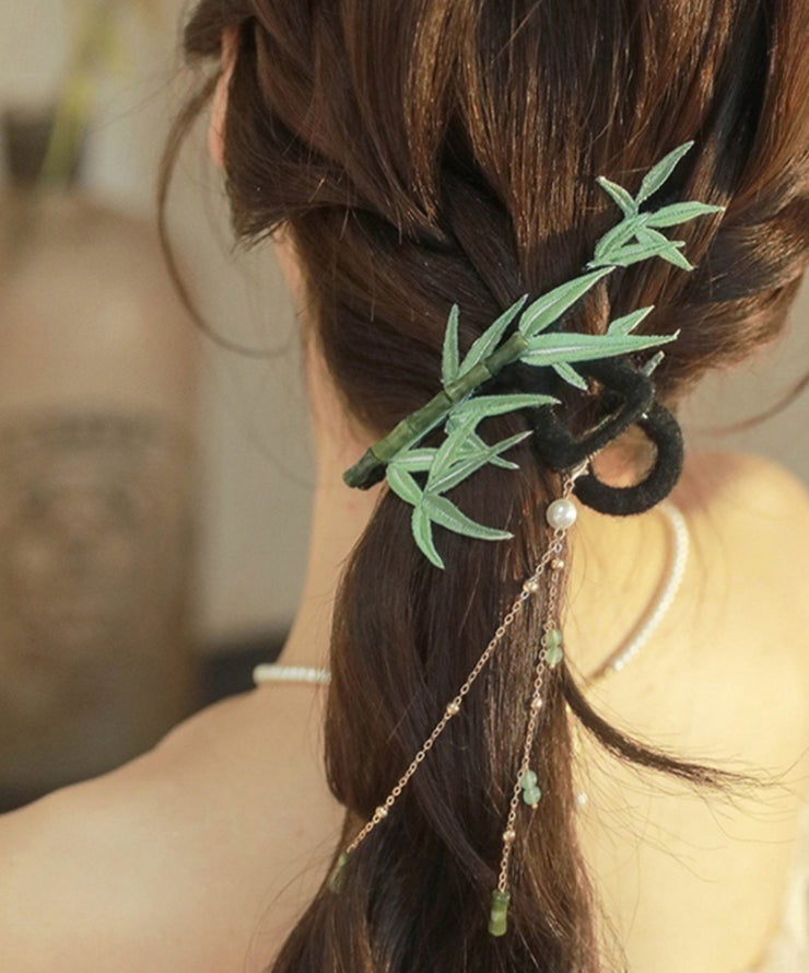 Chinese Style Green Alloy Jade Pearl Bamboo Leaf Tassel Hairpin