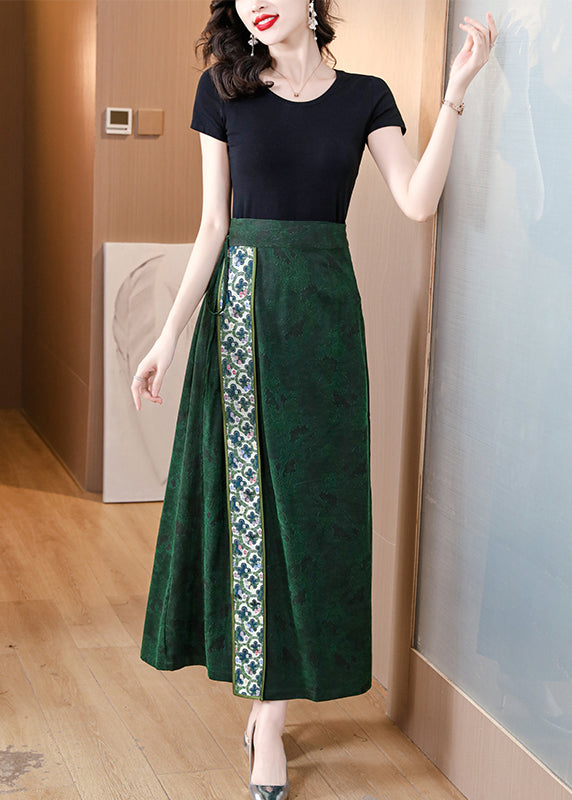 Chinese Style Green Asymmetrical Print Silk Skirts Spring