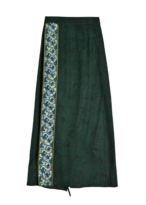 Chinese Style Green Asymmetrical Print Silk Skirts Spring