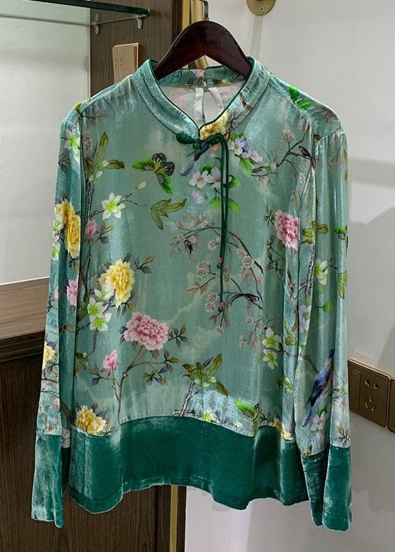 Chinese Style Green Button Print Patchwork Silk Velour Shirts Fall