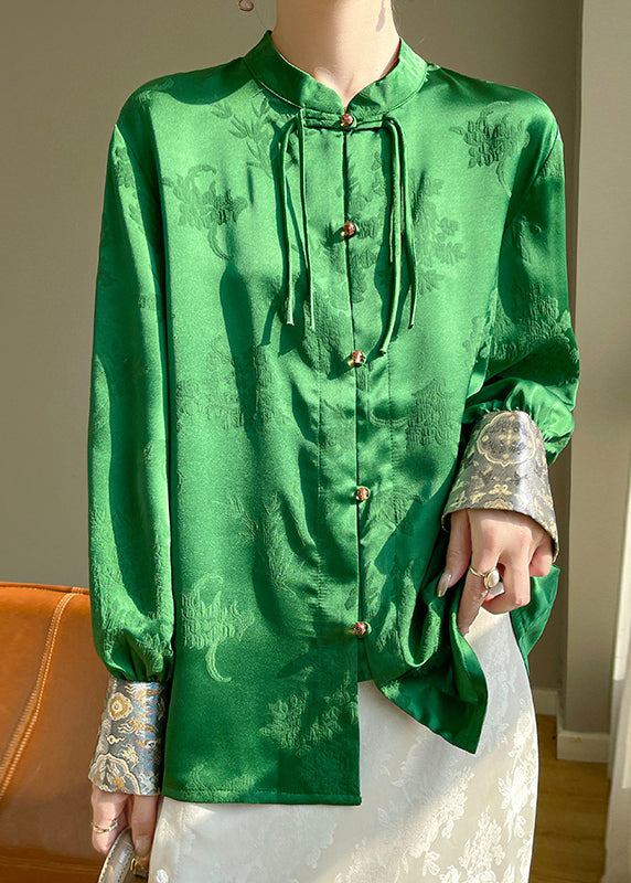 Chinese Style Green Button Print Silk Shirts Fall