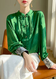 Chinese Style Green Button Print Silk Shirts Fall