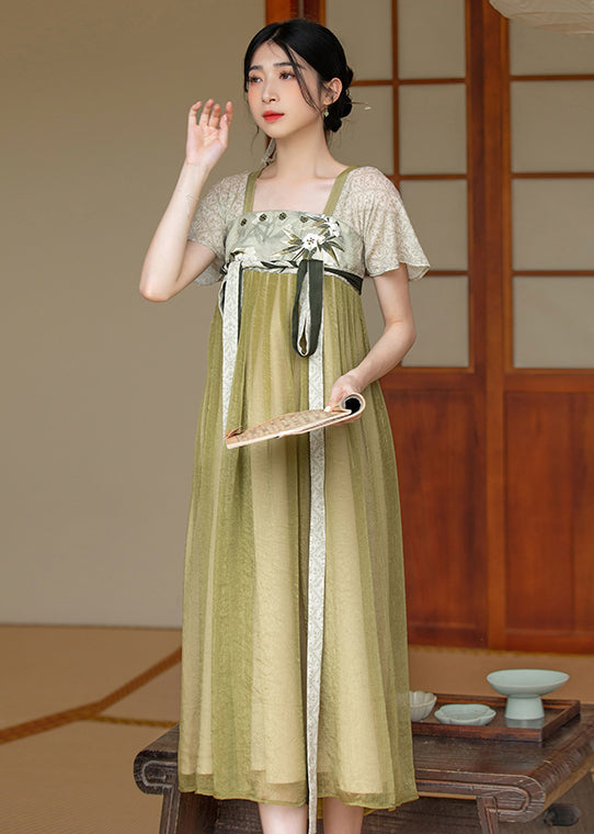 Chinese Style Green Embroideried Lace Up Patchwork Chiffon Dress Summer