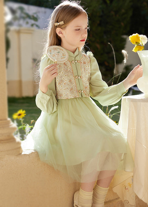 Chinese Style Green Embroideried Ruffled Tulle Patchwork Girls Mid Dress Fall