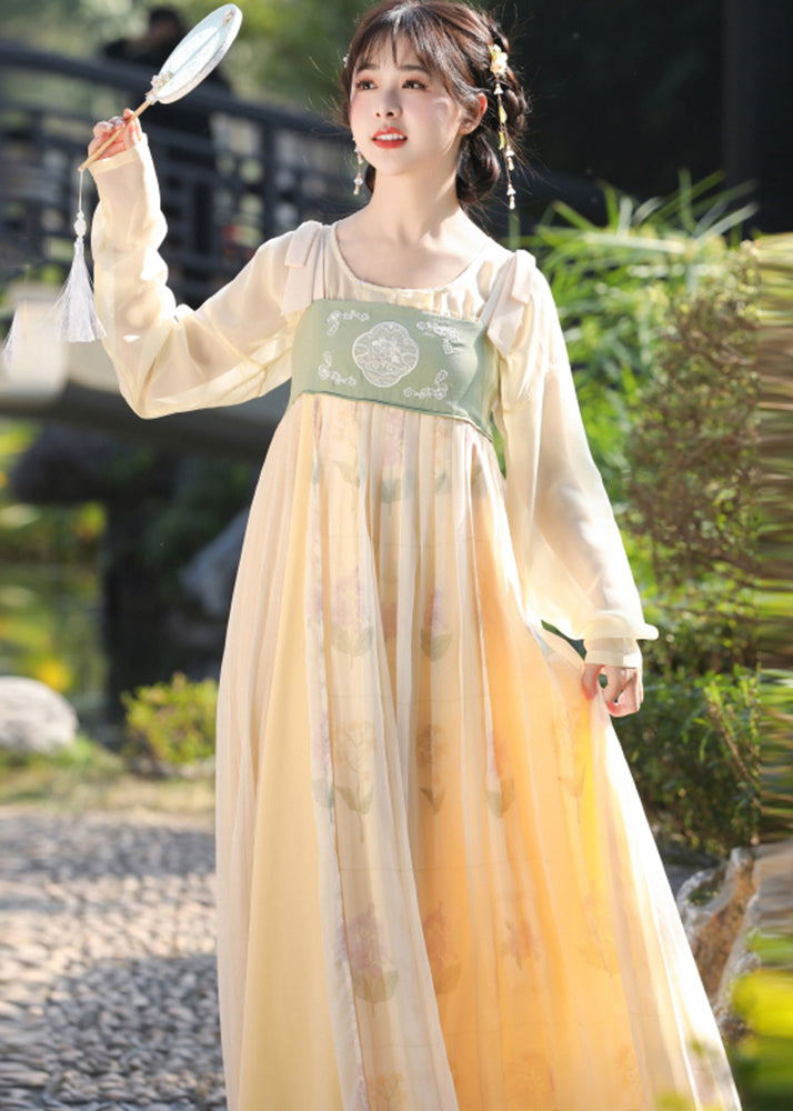 Chinese Style Green Embroideried Wrinkled Patchwork Chiffon Two Pieces Set Long Sleeve