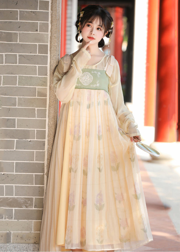 Chinese Style Green Embroideried Wrinkled Patchwork Chiffon Two Pieces Set Long Sleeve