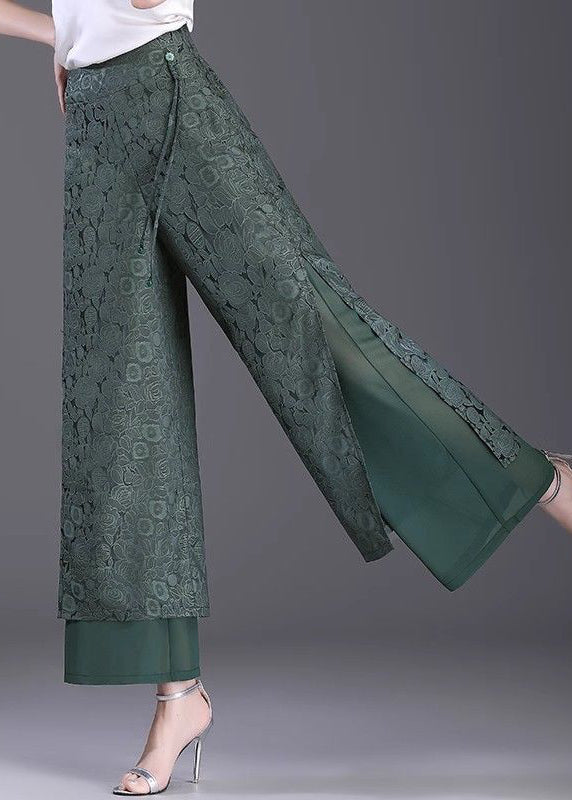 Chinese Style Green High Waisted Jacquard Straight Leg Pants Summer