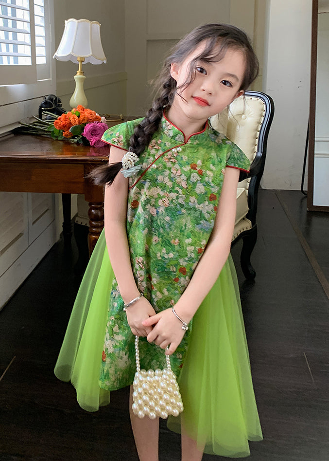 Chinese Style Green Mandarin Collar Patchwork Tulle Chiffon Kids Girls Mid Dress Summer