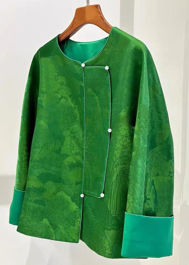 Chinese Style Green O Neck Button Silk Coats Long Sleeve