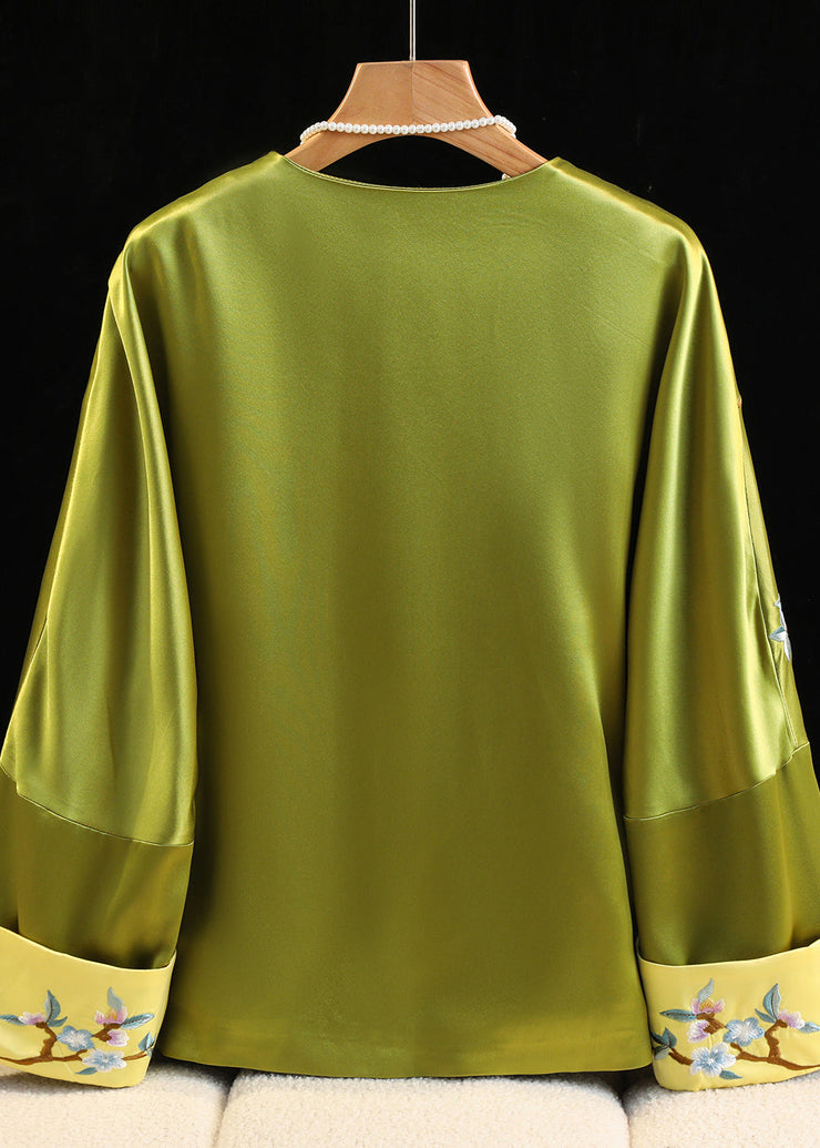 Chinese Style Green O-Neck Embroidered Silk Coats Fall