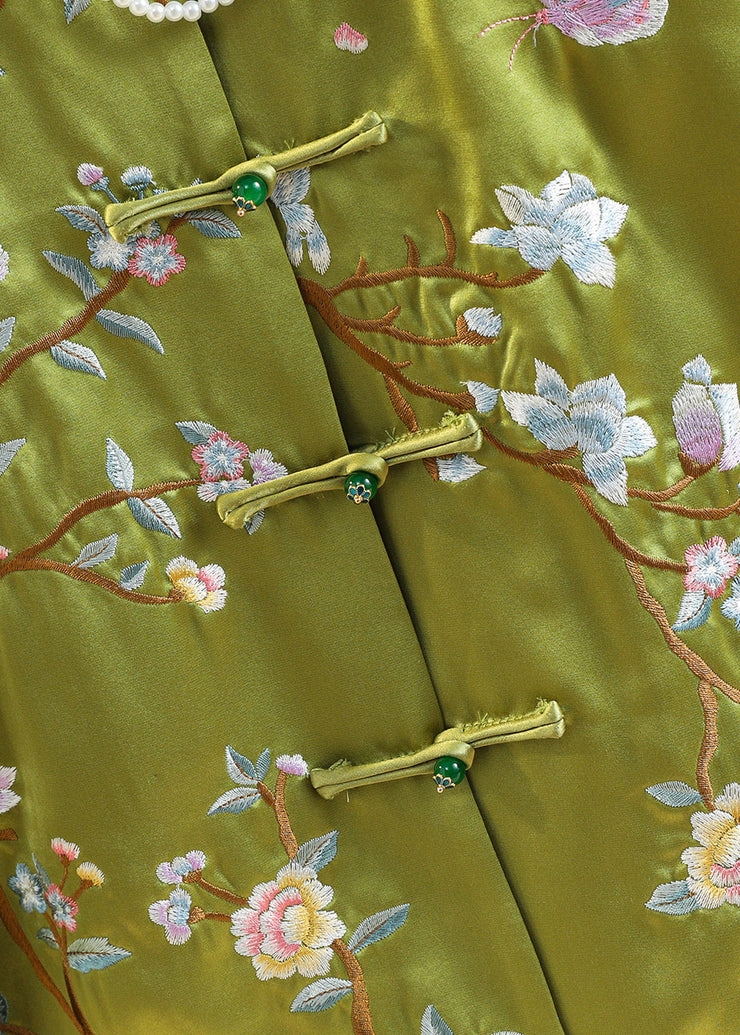 Chinese Style Green O-Neck Embroidered Silk Coats Fall