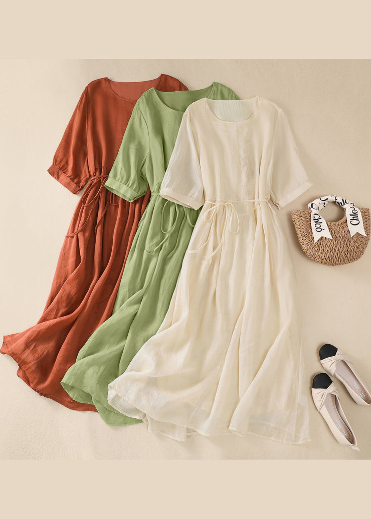 Chinese Style Green O-Neck Embroidered Tie Waist Cotton Dresses Summer