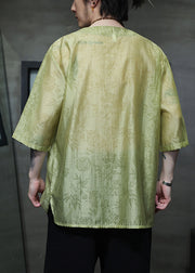 Chinese Style Green O Neck Print Button Ice Silk T Shirts Summer