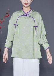 Chinese Style Green Print Chinese Button Silk Shirts Spring