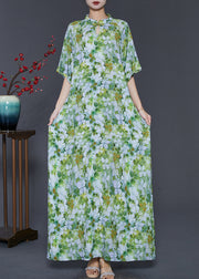 Chinese Style Green Print Cotton Cheongsam Dresses Summer