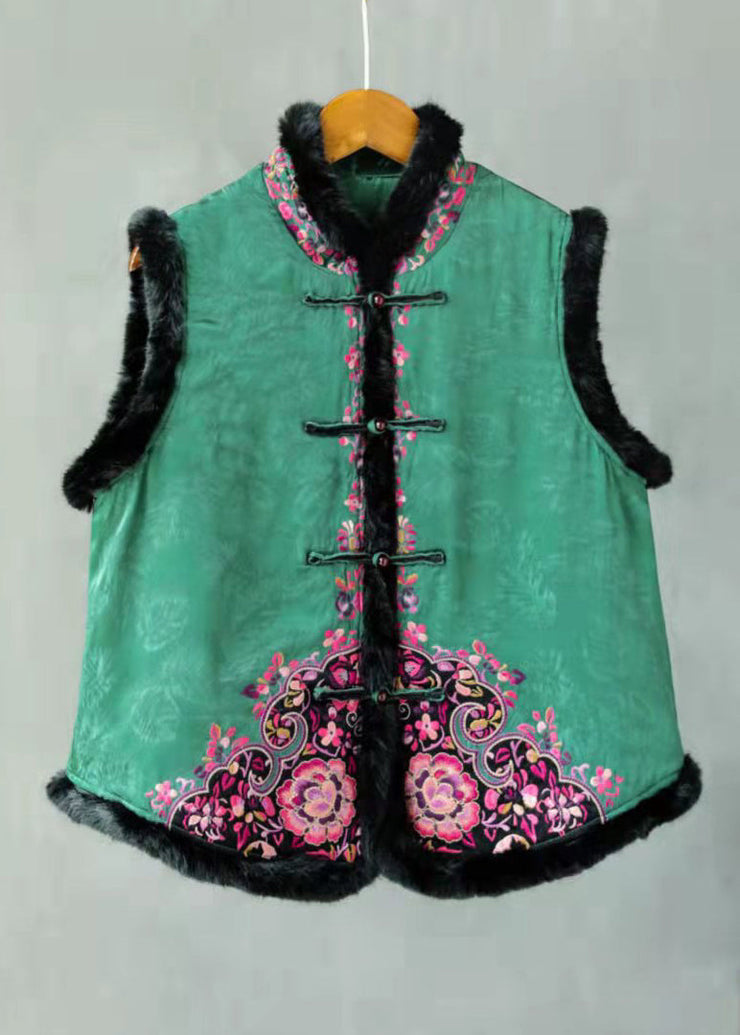 Chinese Style Green Rabbit Hair Collar Embroideried Floral Thick Cotton Waistcoat Sleeveless