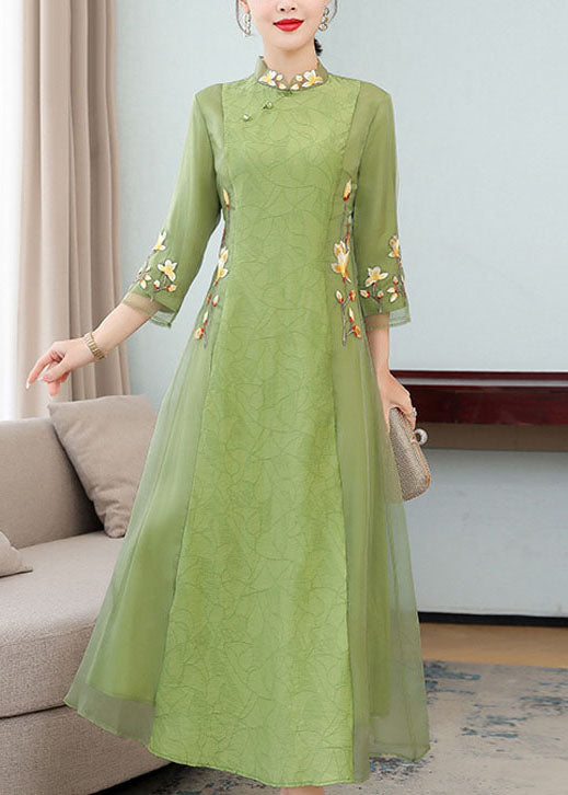 Chinese Style Green Ruffled Embroideried Patchwork Chiffon Dresses Bracelet Sleeve