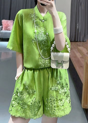 Chinese Style Green Stand Collar Embroidered Floral Shirts And Shorts Two Piece Set Short Sleeve