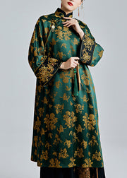 Chinese Style Green Stand Collar Jacquard Button Silk Dresses Spring