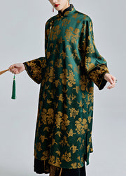 Chinese Style Green Stand Collar Jacquard Button Silk Dresses Spring