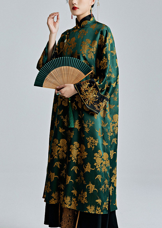 Chinese Style Green Stand Collar Jacquard Button Silk Dresses Spring