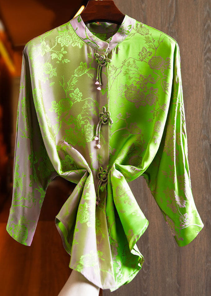 Chinese Style Green Stand Collar Jacquard Silk Shirt Fall